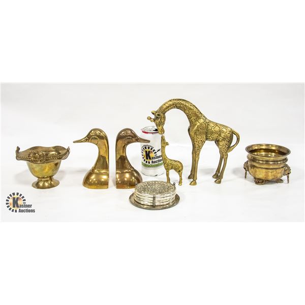 BRASS GIRAFFE AND BABY, DUCK BOOKENDS AND MORE