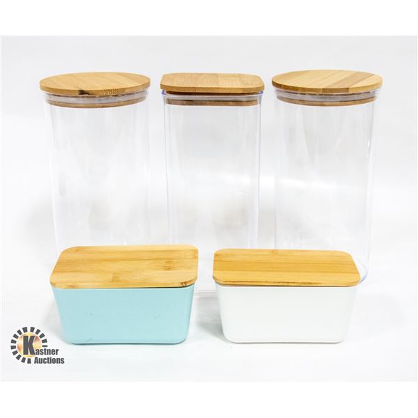 FLAT OF 5 BRAND NEW BAMBOO LIDDED FOOD STORAGE