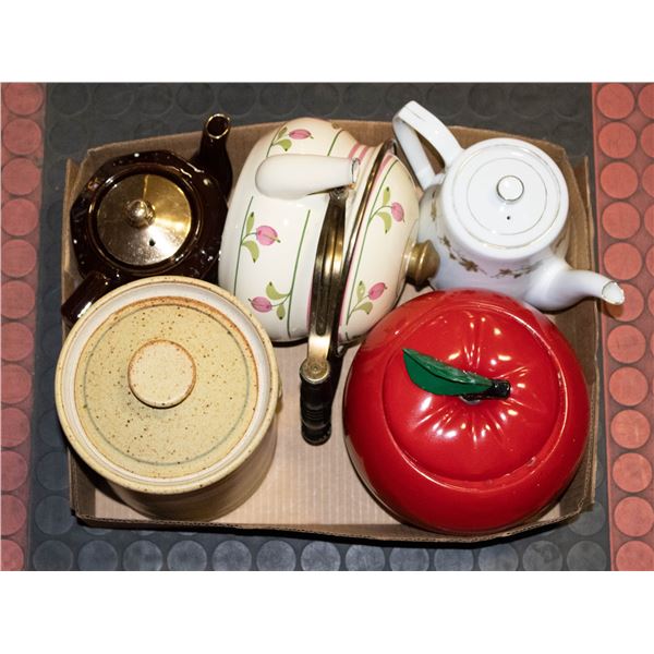 2 COOKIE JARS AND 3 TEA POTS