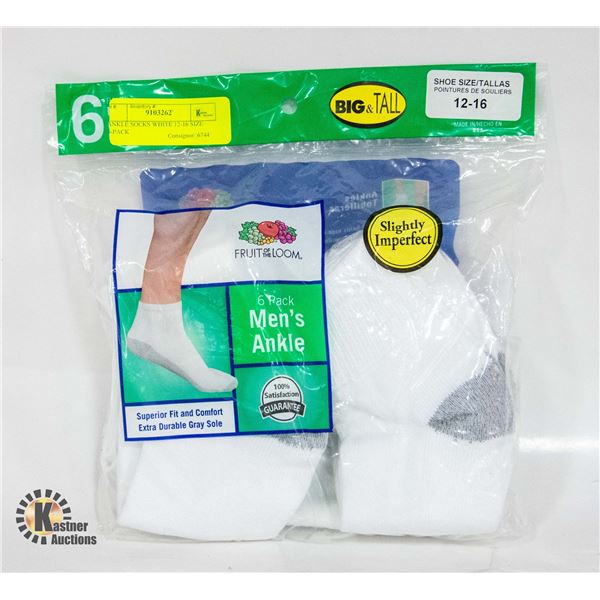 ANKLE SOCKS WHITE 12-16 SIZE 6-PACK