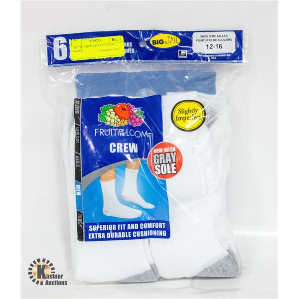 WHITE CREW SOCKS 6-12 SIZE 6-PACK