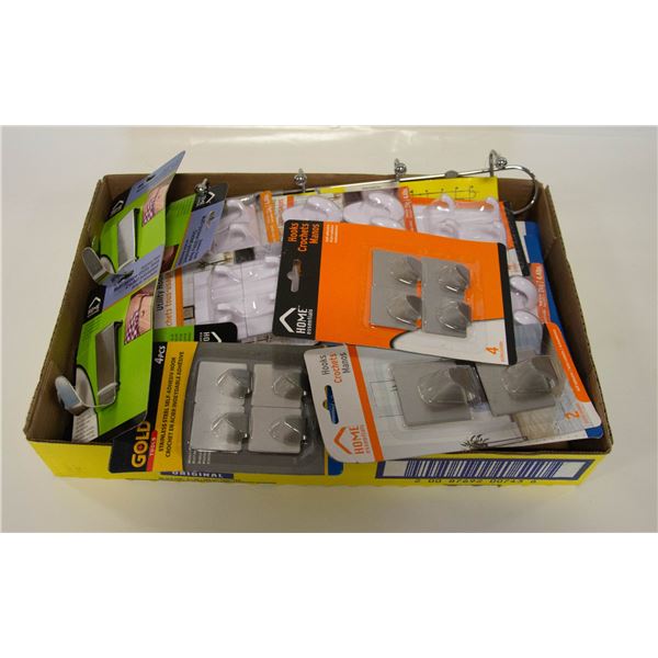 FLAT OF ASSORTED NEW PACKS OF HOOKS & HANGERS