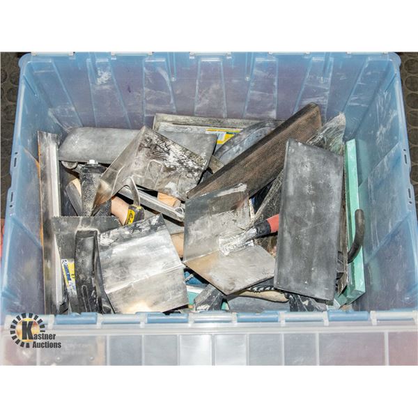 BIN OF DRYWALLING TOOLS