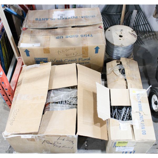 PALLET OF HOOKS FOR PEGBOARDS & SPOOL OF WIRE
