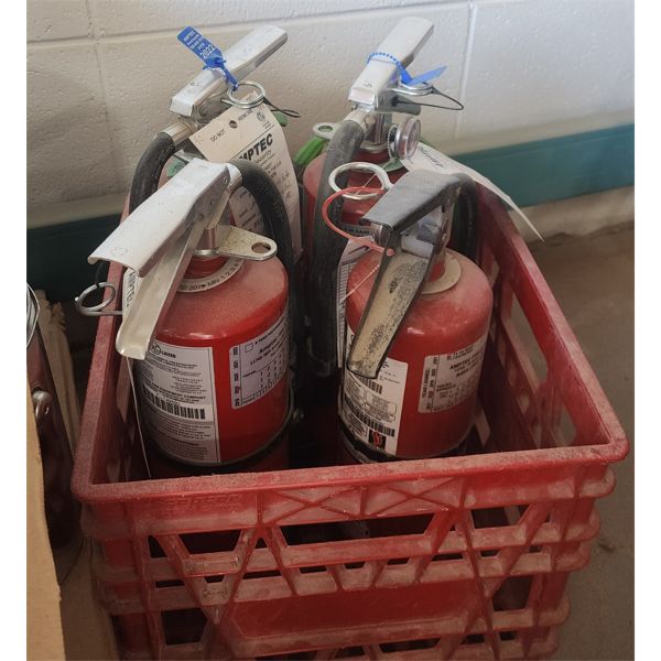 FOUR ASSORT. FIRE EXTINGUISHERS W/ MILK CRATE
