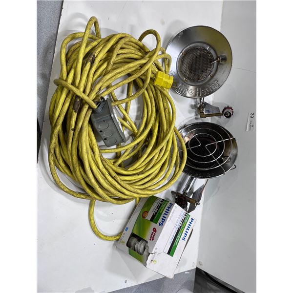 propane heater, heavy duty 50+ cord, three 60W light bulbs.