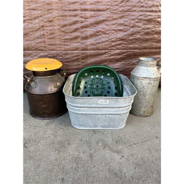 Assortment Of Antique Metal Jugs + Old Tractor Seat