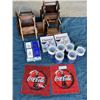 Image 1 : 6 Coca-cola Glasses And Coca-Cola Signs With Wooden Mini School Desk Decor And Charms And Card Packs