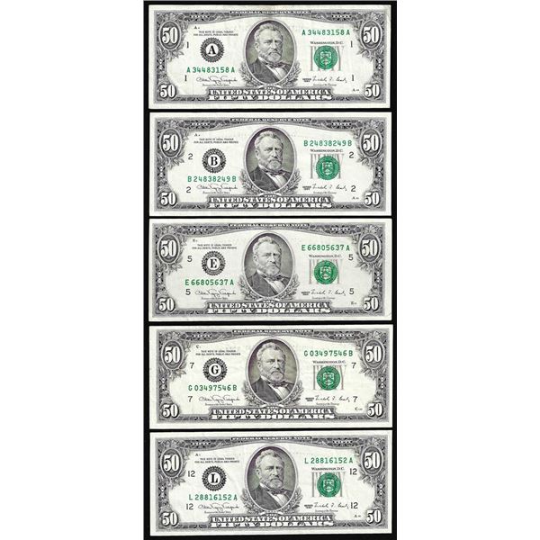 Lot of (5) 1990 $50 Federal Reserve Notes Minor Offset Error