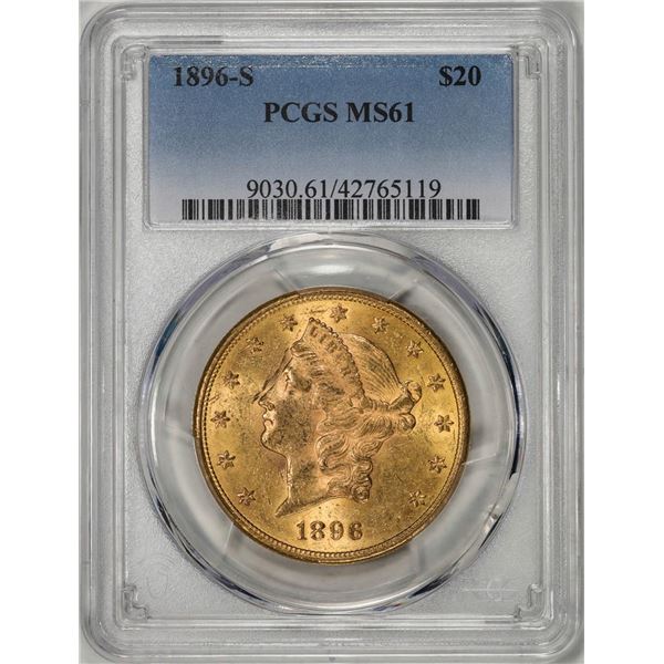 1896-S $20 Liberty Head Double Eagle Gold Coin PCGS MS61