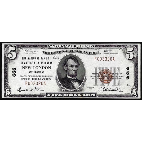 1929 $5 The National Bank of Commerce New London, CT CH# 666 National Currency Note