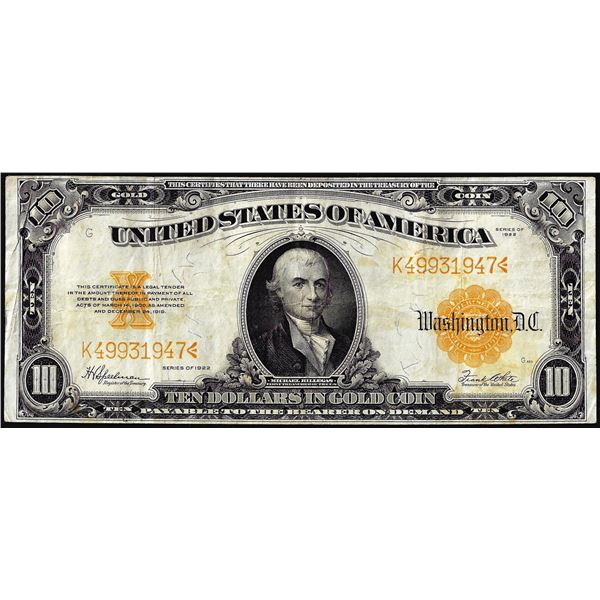 1922 $10 Gold Certificate Note