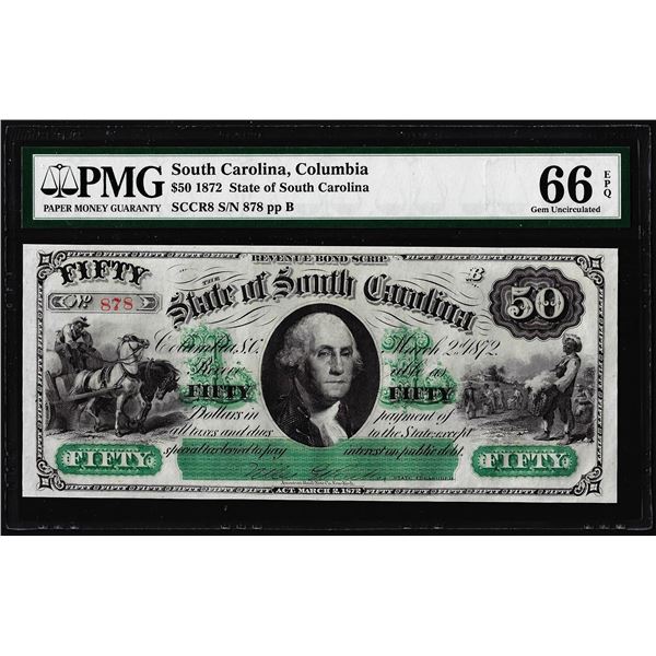 1872 $50 State of South Carolina Obsolete Note PMG Gem Uncirculated 66EPQ