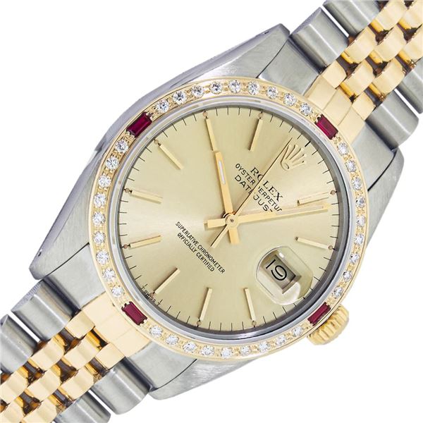 Rolex Mens Two Tone Champagne Index Ruby and Diamond Datejust Wristwatch