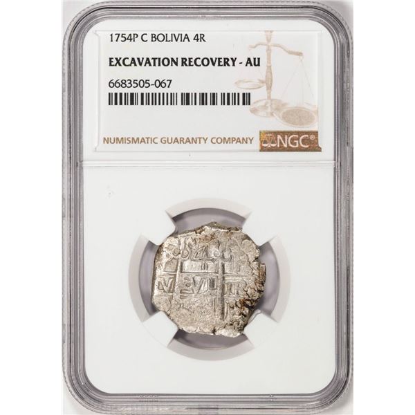 Shipwreck 1754P C Bolivia 4 Reales Silver Coin NGC AU Excavation Recovery