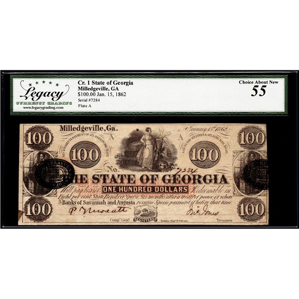 1862 $100 State of Georgia Milledgeville, GA Obsolete Note Legacy Choice About New 55