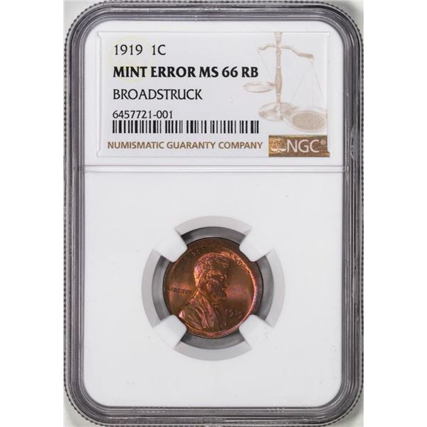 1919 Lincoln Memorial Cent Mint Error Broadstruck Coin NGC MS66RB Great Color