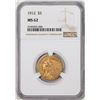 Image 1 : 1912 $5 Indian Head Half Eagle Gold Coin NGC MS62