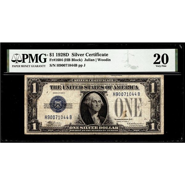 1928D $1 Funnyback Silver Certificate Note Fr.1604 PMG Very Fine 20