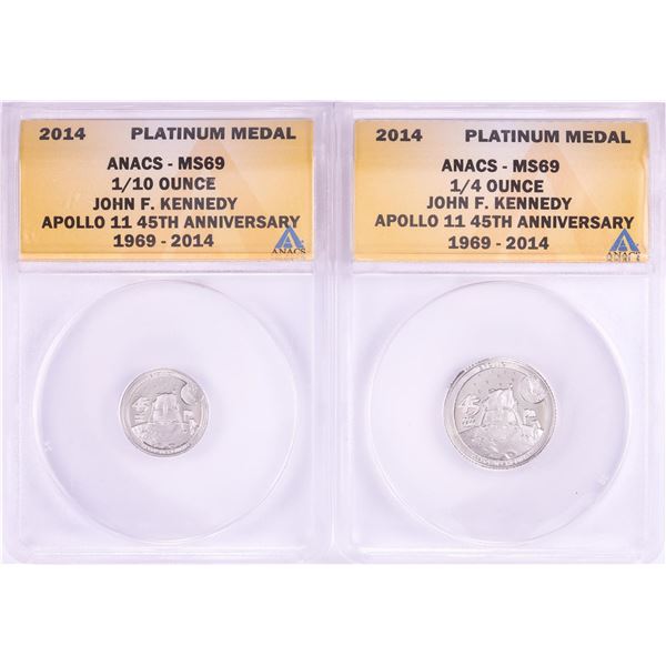 Set of 2014 Proof 1/10 & 1/4 oz Platinum JFK Apollo 11 Anniversary Medals ANACS MS69