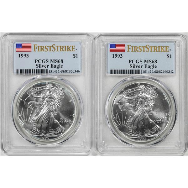 Lot of (2) 1993 $1 American Silver Eagle Coin PCGS MS68 First Strikes