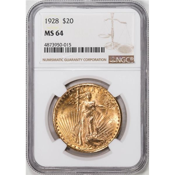 1928 $20 St. Gaudens Double Eagle Gold Coin NGC MS64