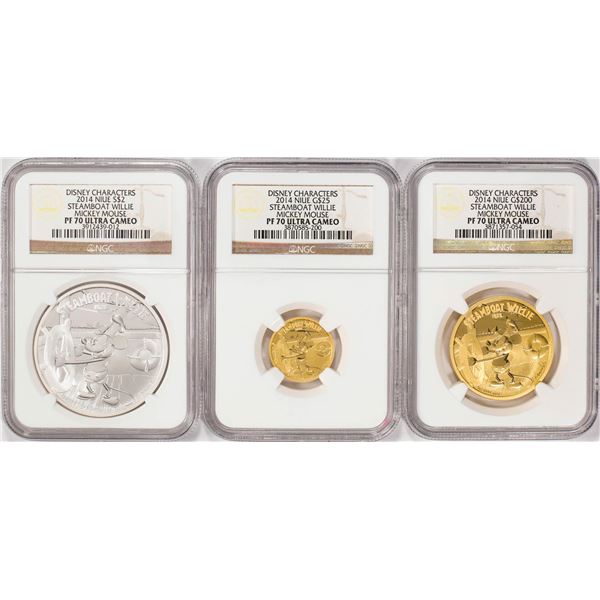 Set of (3) 2014 Disney Steamboat Willie Mickey Mouse Coins NGC PF70 Ultra Cameo w/COA