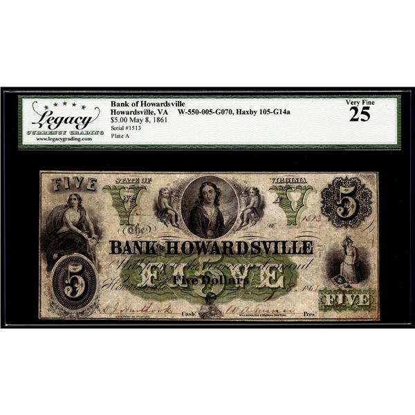 1861 $5 Bank of Howardsville, VA Obsolete Note Haxby 105-G14a Legacy Very Fine 25