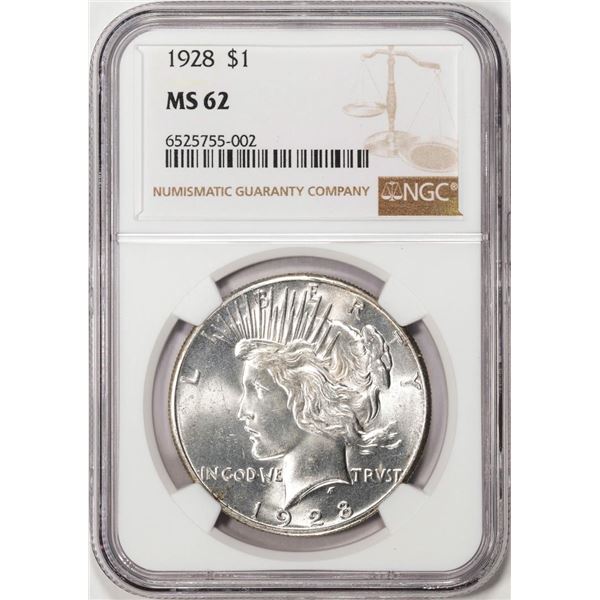 1928 $1 Peace Silver Dollar Coin NGC MS62