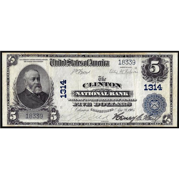 1902PB $5 The Clinton National Bank Connecticut CH# 1314 National Currency Note