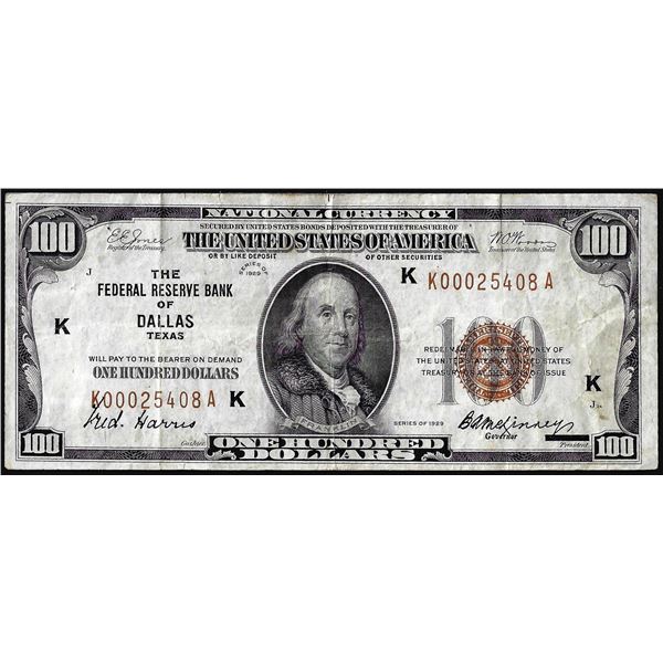 1929 $100 Federal Reserve Bank Note Dallas