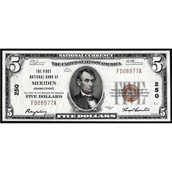 1929 $5 The First National Bank of Meriden, CT CH# 250 National Currency Note