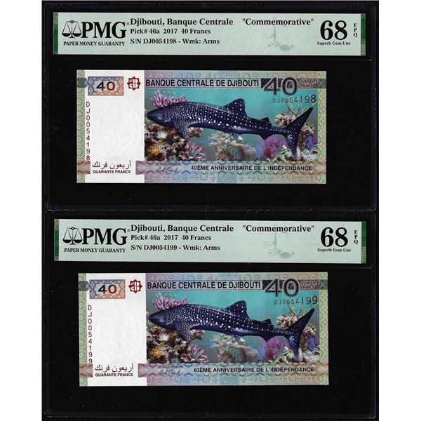 (2) Consecutive 2017 Djibouti 40 Francs Bank Notes PMG Superb Gem Uncirculated 68EPQ