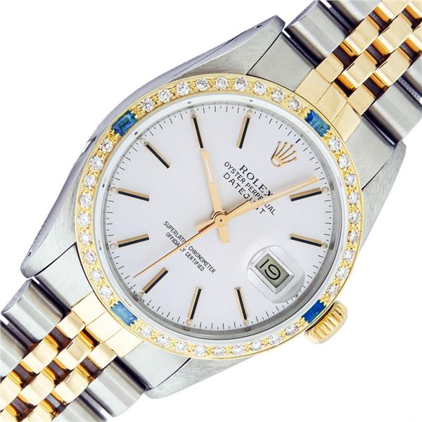 Rolex Mens Two Tone Silver Index Sapphire and Diamond Datejust Wristwatch