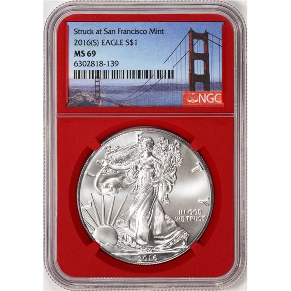 2016-(S) $1 American Silver Eagle Coin NGC MS69 Struck at San Francisco Red Core