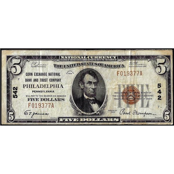 1929 $5 NB and Trust Company of Philadelphia, PA CH#542 National Currency Note