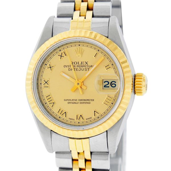 Rolex Ladies Two Tone Champagne Roman Datejust Wristwatch