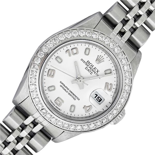 Rolex Ladies Stainless Steel White Arabic Diamond Date Wristwatch