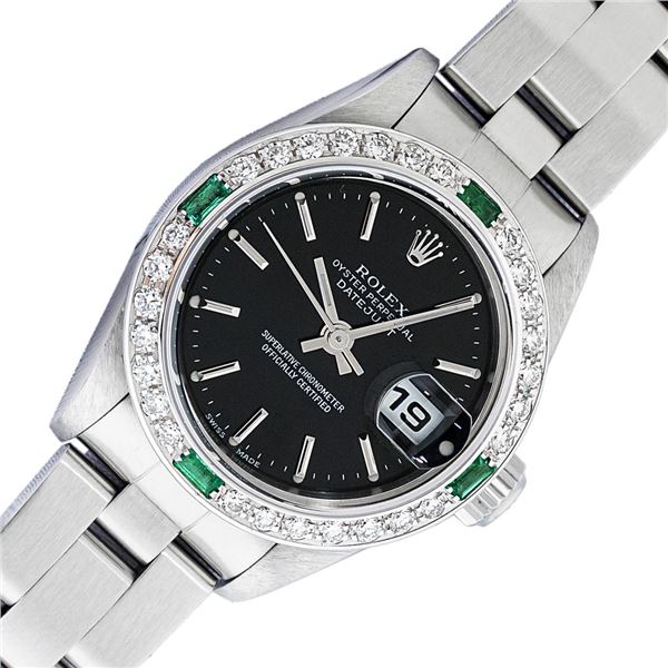 Rolex Ladies Stainless Steel Black Index Emerald and Diamond Datejust Wristwatch