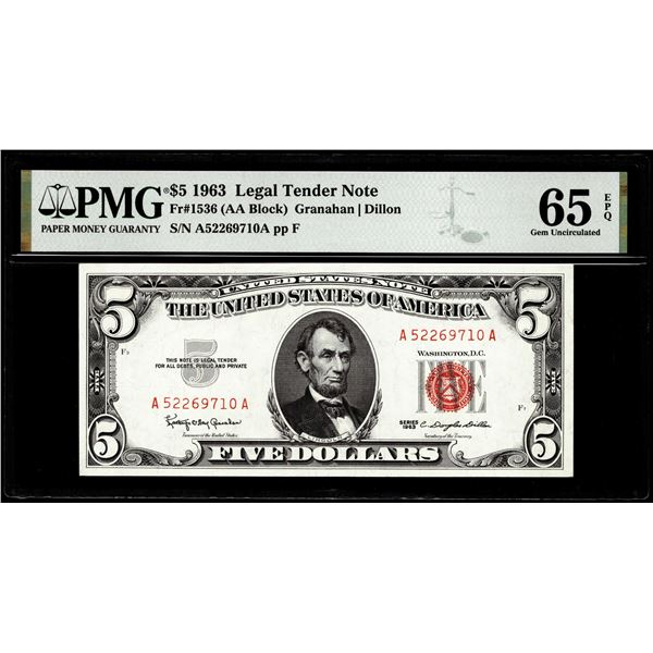 1963 $5 Legal Tender Note Fr.1536 PMG Gem Uncirculated 65EPQ