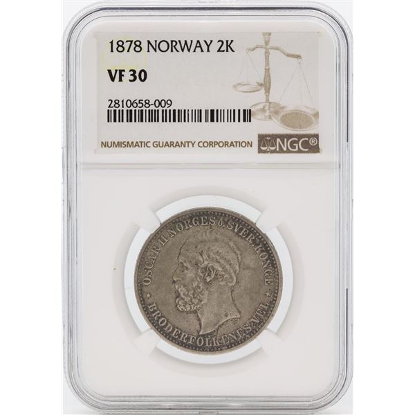 1878 Norway 2 Kroner Silver Coin NGC VF30