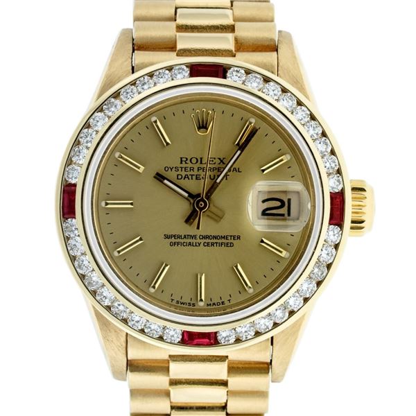 Rolex Ladies 18K Yellow Gold Ruby And Diamond President Wristwatch