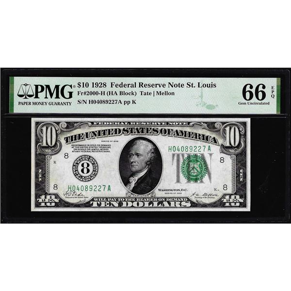 1928 $10 Federal Reserve Note St. Louis Fr.2000-H PMG Gem Uncirculated 66EPQ