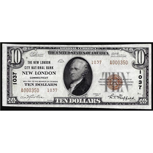 1929 $10 City National Bank New London, CT CH# 1037 National Currency Note