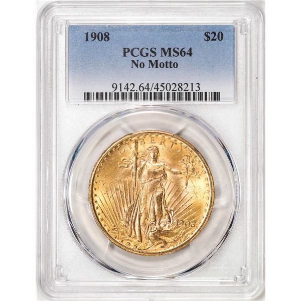 1908 No Motto $20 St. Gaudens Double Eagle Gold Coin PCGS MS64