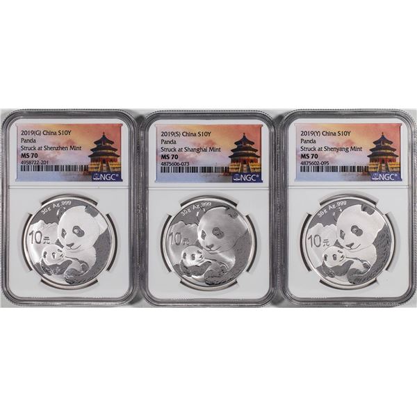 Set of (3) 2019 (G/S/Y) China 10 Yuan Silver Panda Coins NGC MS70