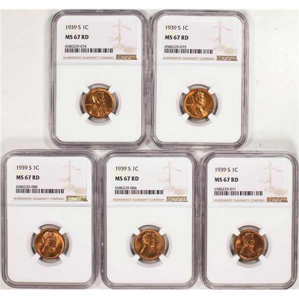 Lot of (5) 1939-S Lincoln Wheat Cent Coins NGC MS67RD