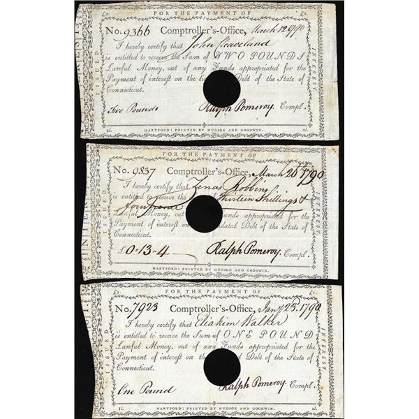 Lot of (3) 1790 Connecticut Comptrollers Office Colonial Currency Notes Cut Canceled