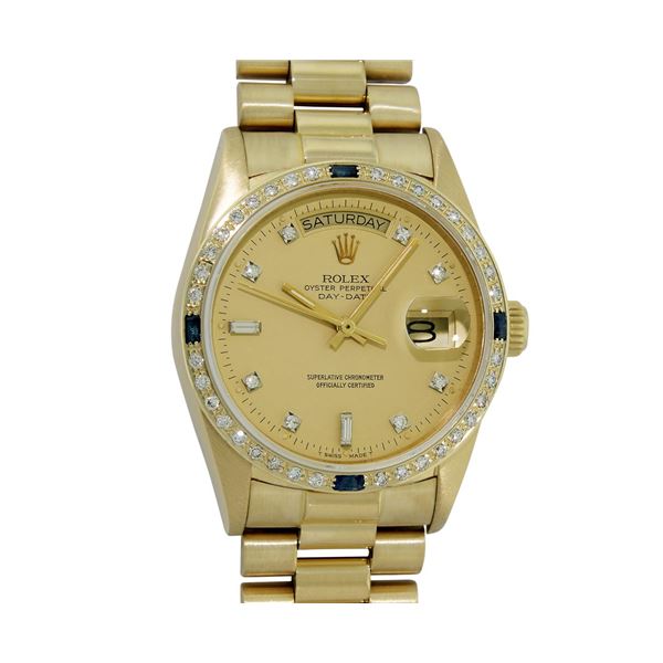 Rolex Men's 18K Yellow Gold Champagne Sapphire & Diamond Day Date President Wristwatch