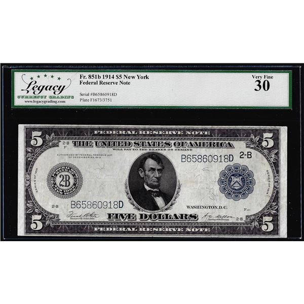 1914 $5 Federal Reserve Note New York Fr.851B Legacy Very Fine 30